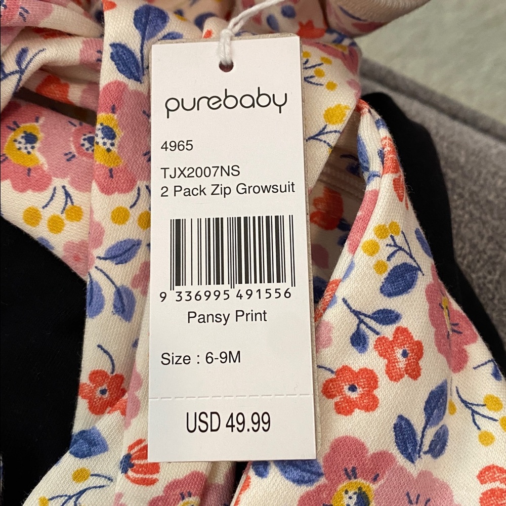Purebaby Zip Growsuit 2 Pack Sz 6-9 Mod Pansy Print & Pink Dot NWT One Piece - Picture 7 of 7